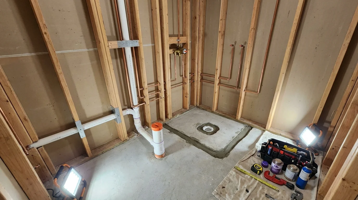 Bathroom rough-in plumbing during remodel by Johns Plumbing LLC in New Providence