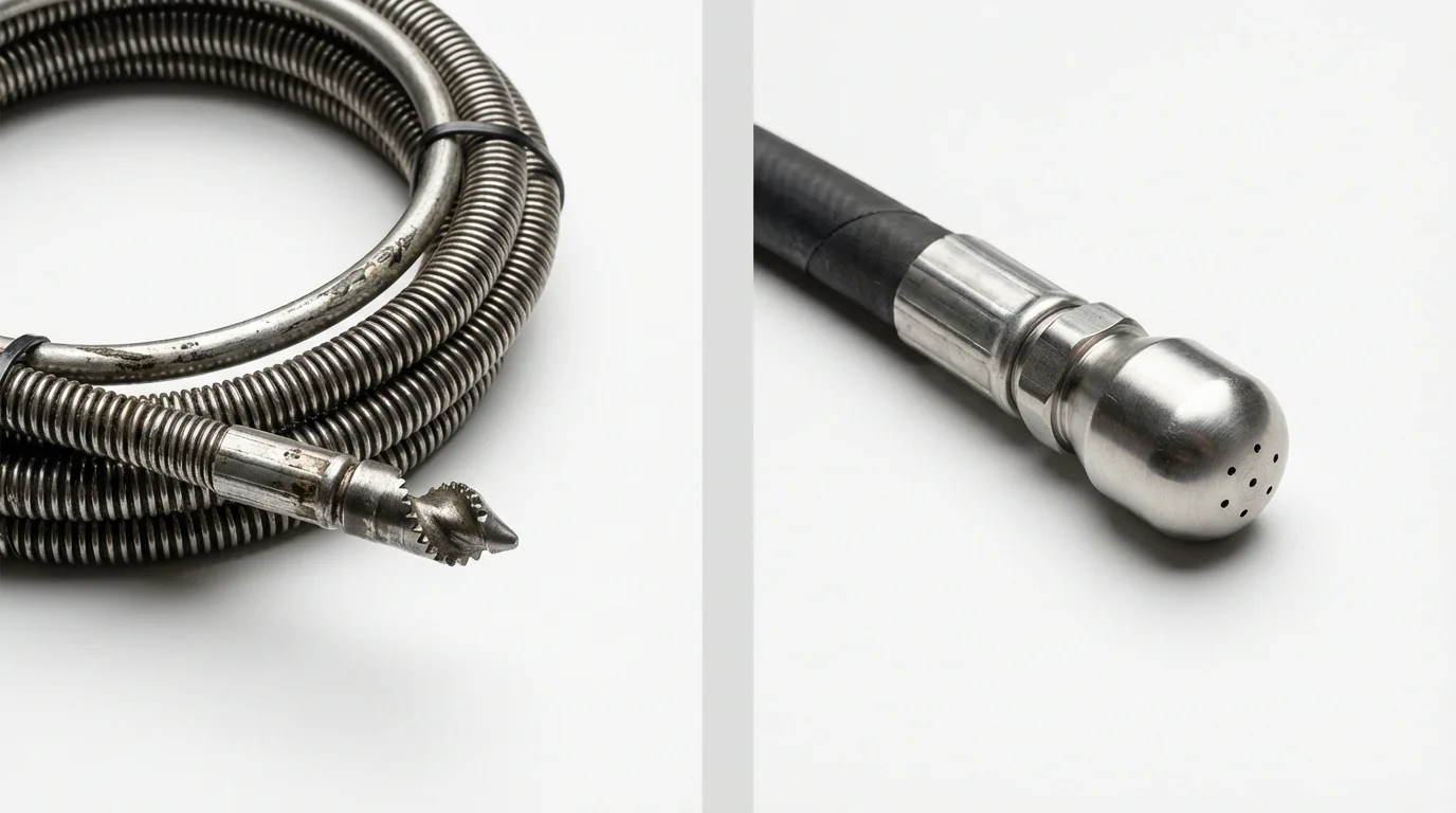 Drain snake cable and hydro jetting nozzle used for drain cleaning in New Providence, NJ