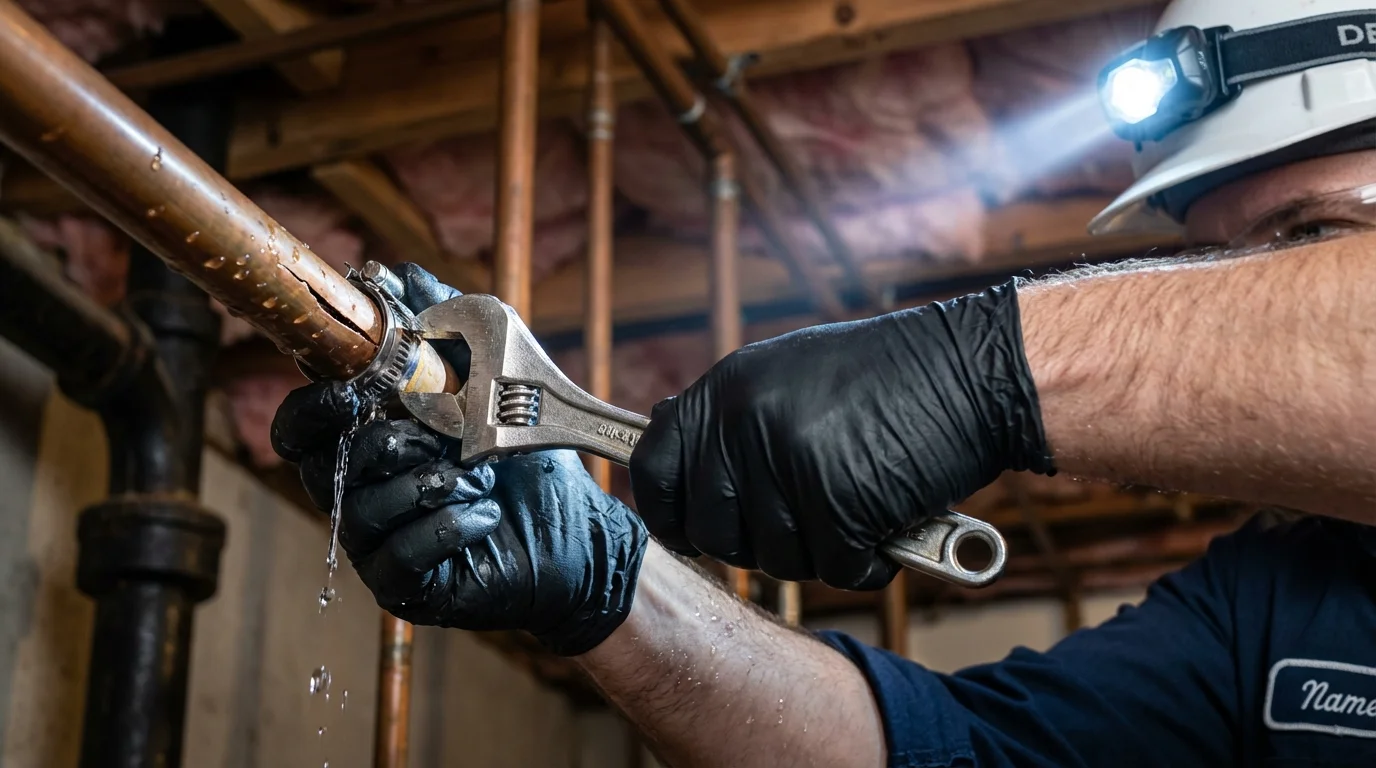 Emergency pipe clamp repair being performed by a Johns Plumbing LLC plumber in New Providence